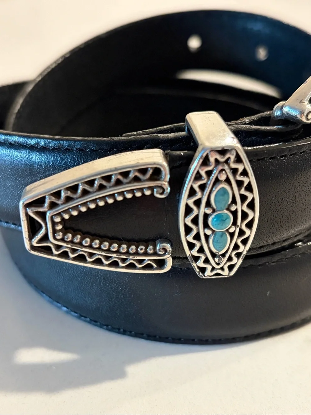 Brighton Black Leather Belt Silver Plate with  Turquoise Buckle XL/36 B30113 USA